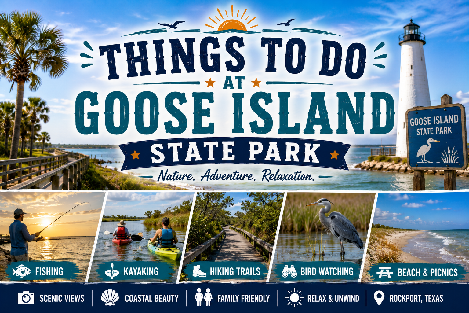 Collage of things to do at Goose Island State Park, with beach, fishing, boating, birding, and camping scenes