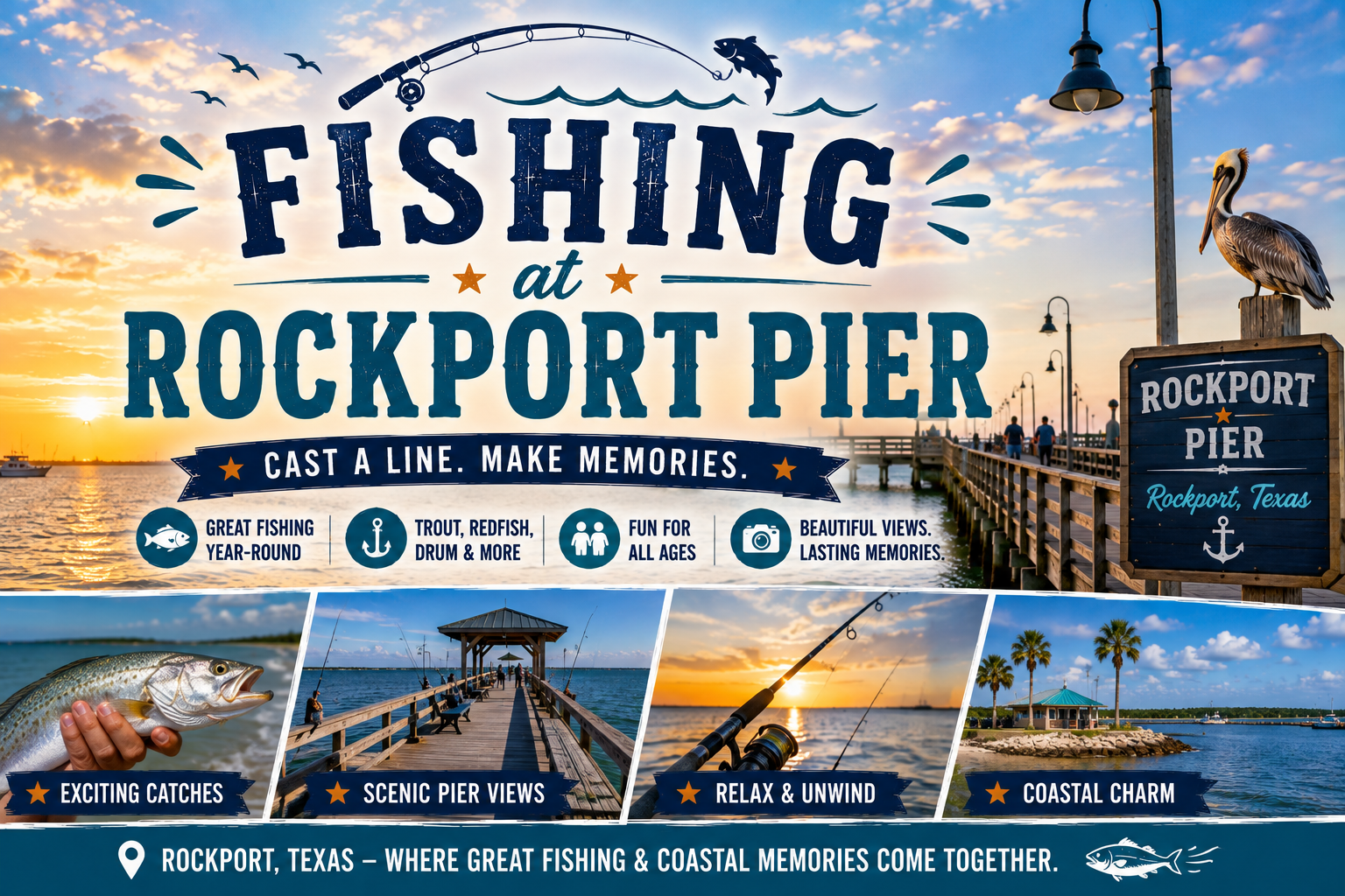 Rockport Pier fishing poster with sunset sky, pier, bridge, and fish icons; “Fishing at Rockport Pier” text