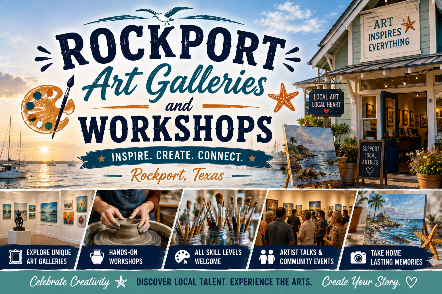 Rockport Art Galleries and Workshops poster with beach sunset and storefront, inspiring creativity in Rockport, Texas