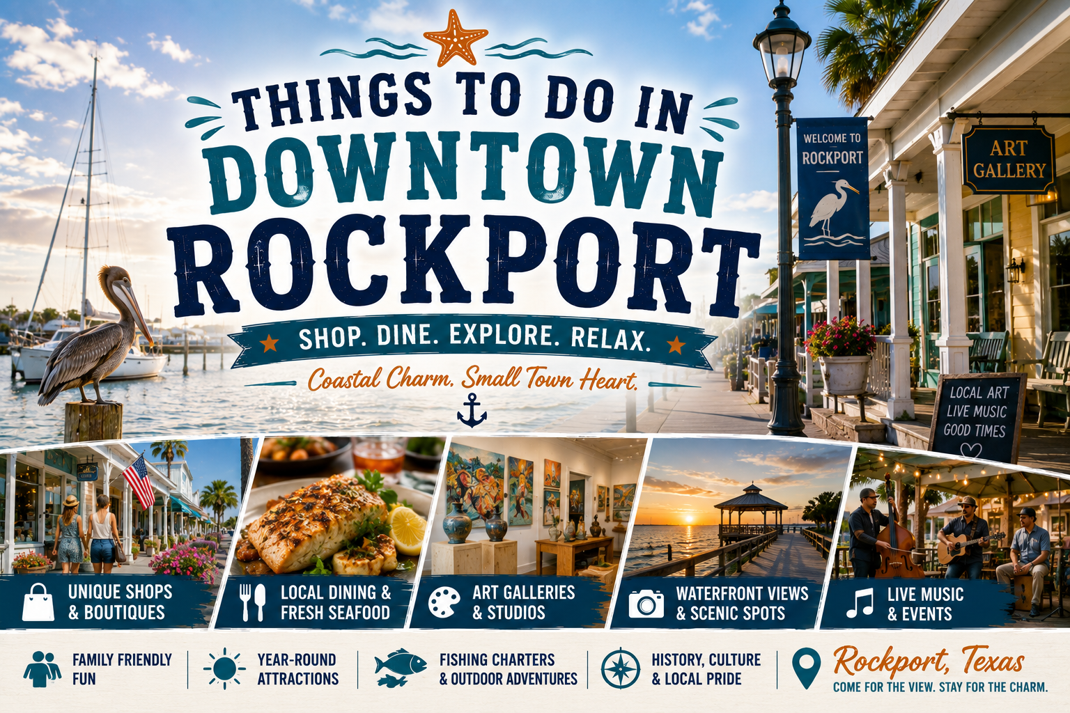 Downtown Rockport tourism poster with oceanfront shops, boats, and text: “Things to Do in Downtown Rockport.”