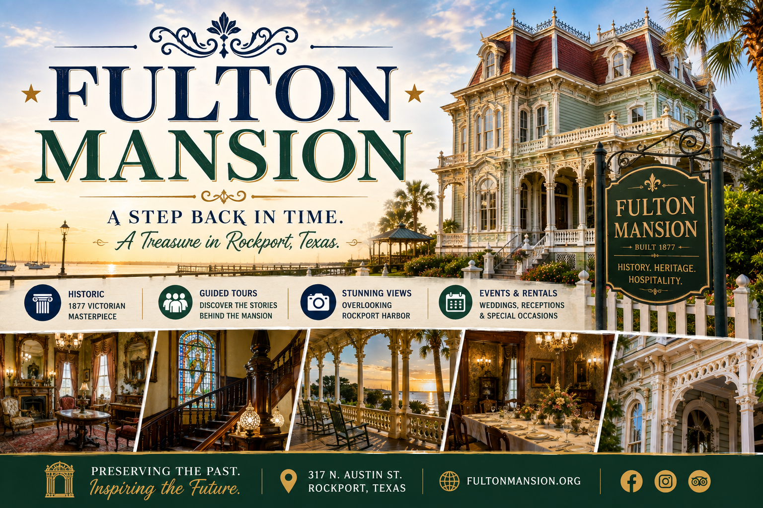 Fulton Mansion travel poster with historic house photo, museum details, and event information in gold and green