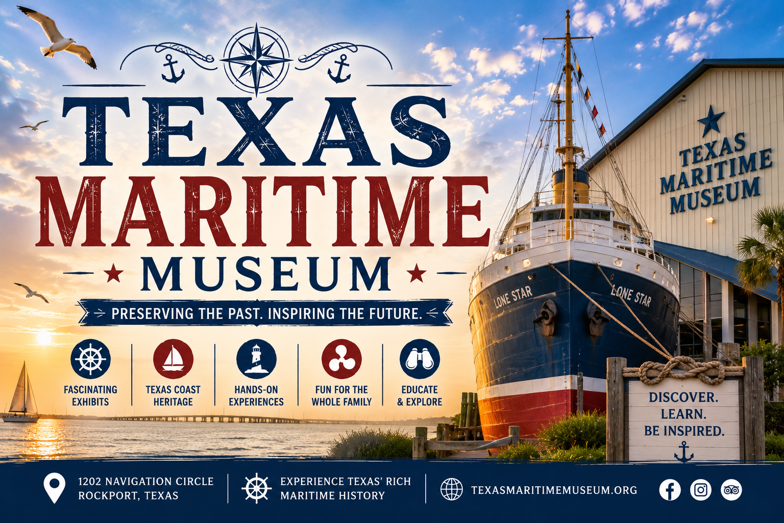 Texas Maritime Museum poster with ship, lighthouse, seagulls, and blue-red text on a sunset sky background