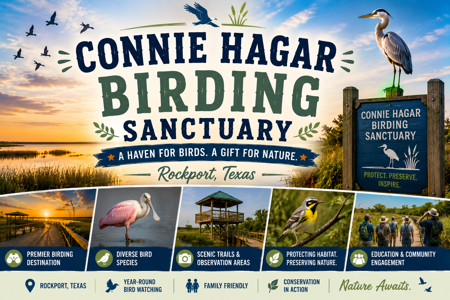 Connie Hagar Birding Sanctuary sign with heron, birds, wetlands, and Rockport, Texas landmarks