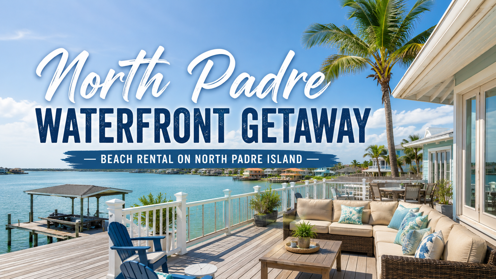 North Padre Waterfront Getaway text over sunny bayfront deck with palm trees, pool, and patio seating