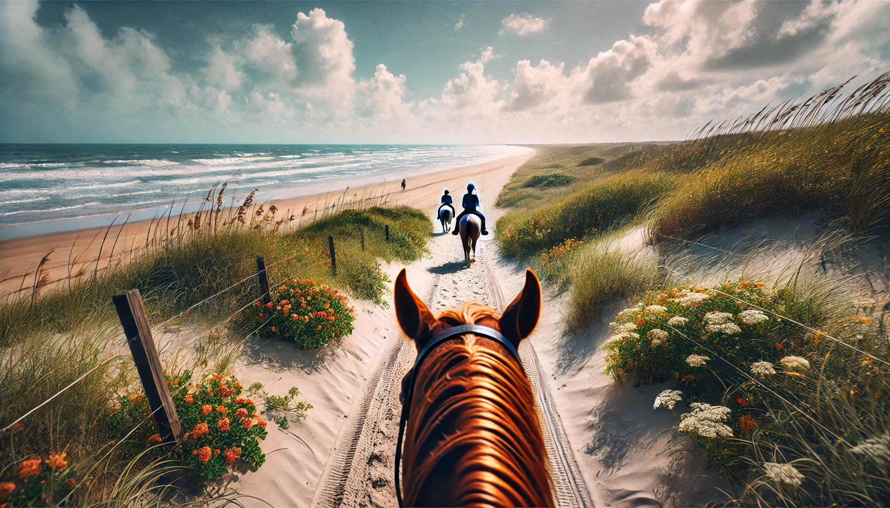 First-person view of riding a horse down a beach trail to Port Aransas Beach, with 2 riders in front of you, show you which way to go