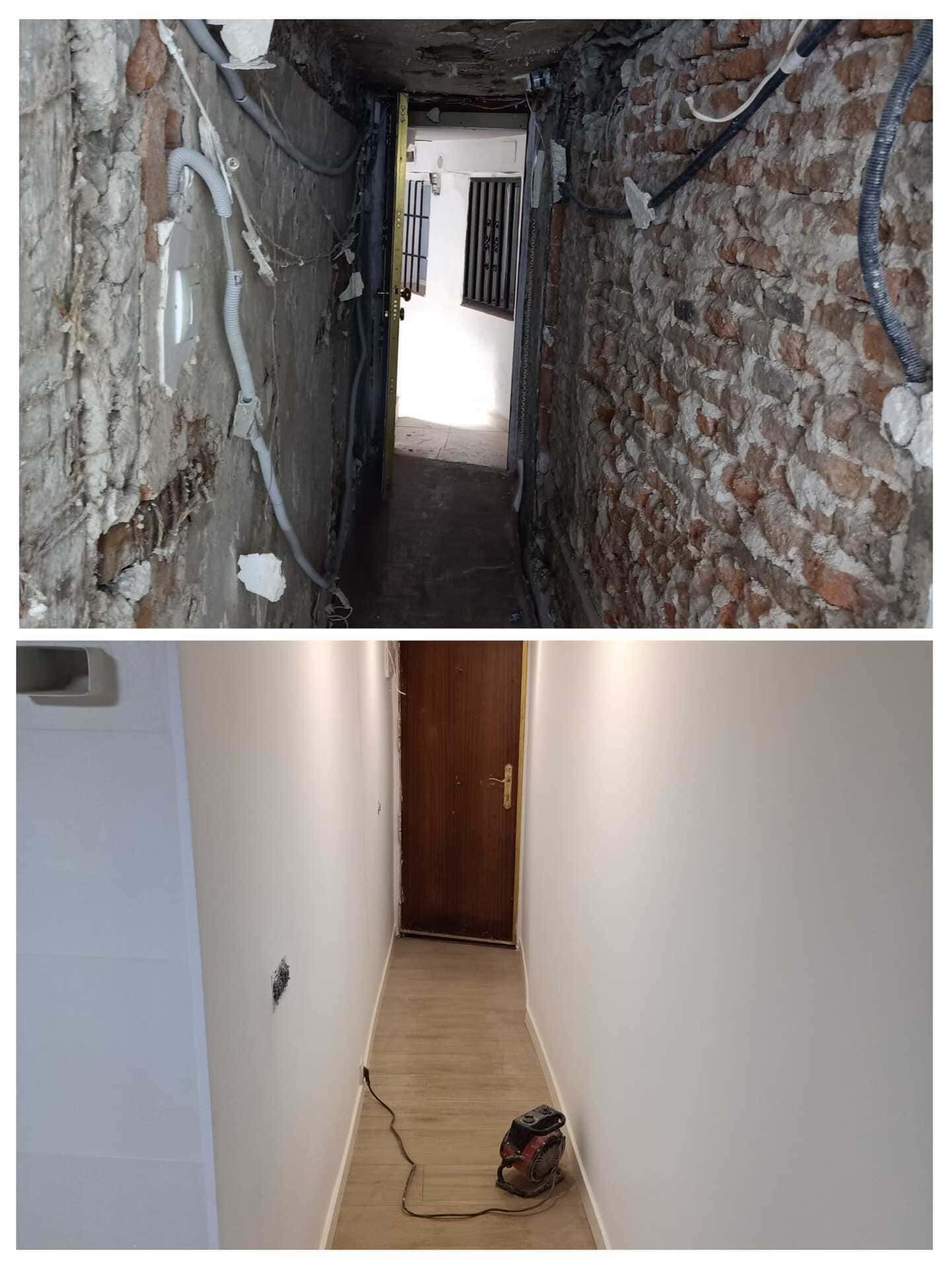 Dos fotos de un pasillo: arriba, un pasillo de ladrillo visto sin pulir, y abajo, un pasillo estrecho y blanco con un zapato en el suelo.