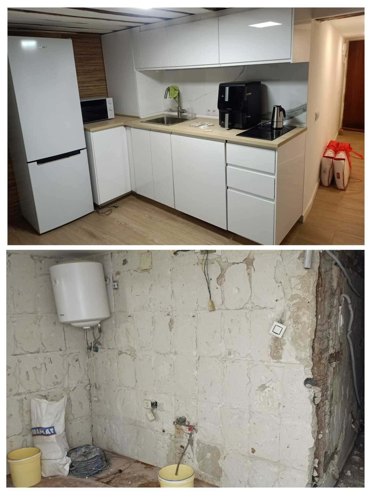 Antes y después de la reforma de la cocina: armarios blancos terminados sobre una pared sin revestir.