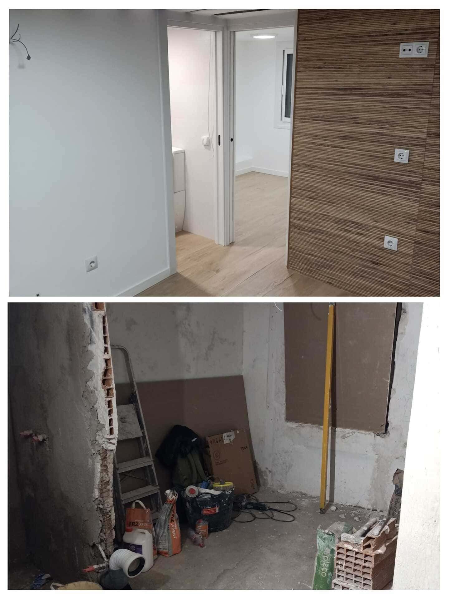 Espacio para reformas interiores con paredes blancas, suelo de madera y una segunda habitación en construcción con herramientas y escombros.