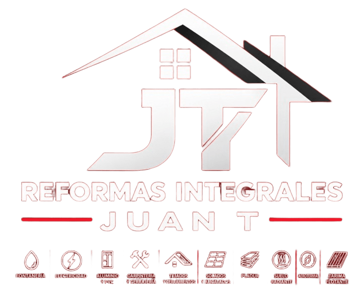 Logo de Reformas Integrales Juan T con casa estilizada en negro y rojo sobre fondo blanco.