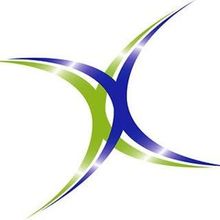 Un logotipo estilizado que presenta dos formas curvas que se cruzan en verde lima y azul real, formando una X abstracta.