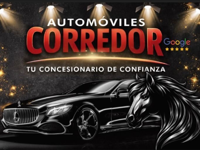 Logotipo de Automóviles Corredor con un coche negro, una cabeza de caballo y una calificación de cinco estrellas .