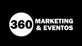 Logotipo con el n&uacute;mero "360" dentro de un c&iacute;rculo blanco junto al texto blanco "MARKETING & EVENTOS" sobre un fondo negro.