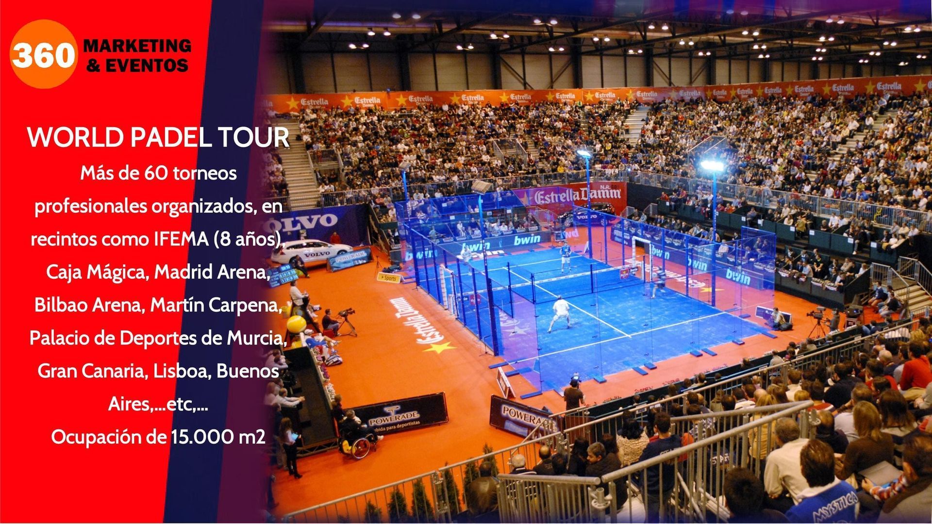 Evento del World Padel Tour: pista cubierta, jugadores en pista azul, público abarrotado. Texto con lista de sedes y 