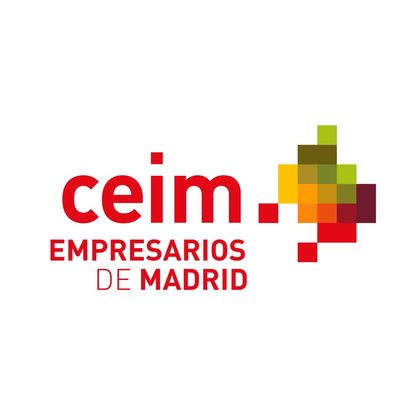 Logotipo de CEIM Empresarios de Madrid con texto rojo y una forma abstracta pixelada y colorida a la derecha.