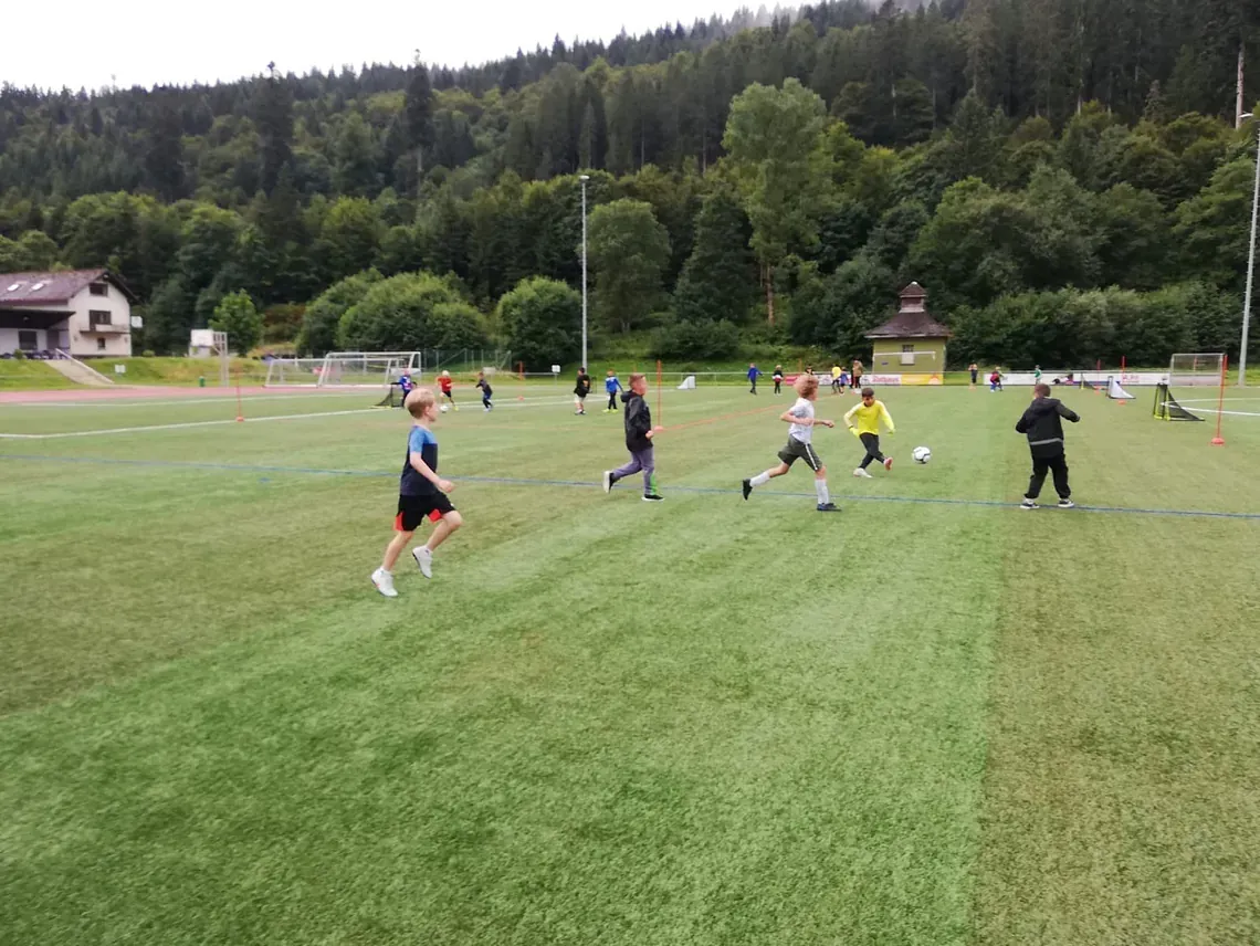 Menschen spielen Fußball auf einem grünen Feld, im Hintergrund ist ein Wald zu sehen.