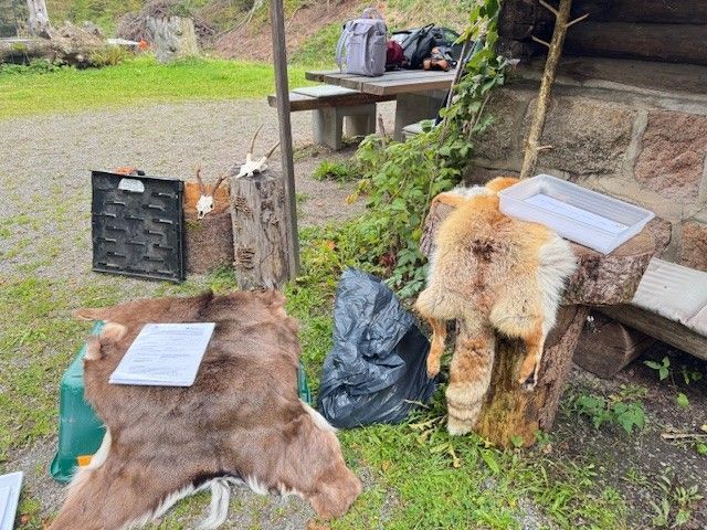 Vor einer Blockhütte liegen Tierfelle, Schädel und Ausrüstungsgegenstände.