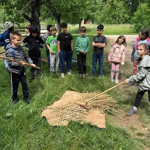 Kinder spielen im Freien; eines schiebt mit einem Stock Heu auf einer Matte beiseite, während die anderen zusehen. Im Hintergrund sind grünes Gras und Bäume zu sehen.