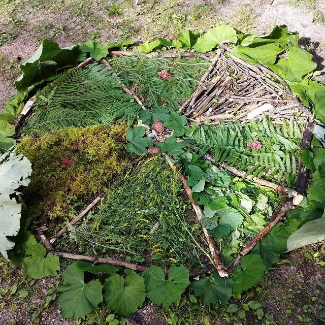 Naturkunst-Mandala aus Blättern, Zweigen, Moos und Farnen auf dem Boden.