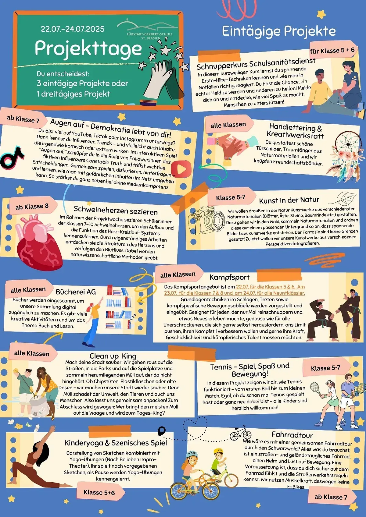 Poster: „Projekttage“ mit Projektideen wie Gender, Herzgesundheit und Sport. Blauer Hintergrund.