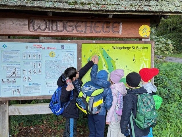 Kinder betrachten eine Wanderkarte mit der Aufschrift „Wildgehege St. Blasien“. Sie zeigen auf die Karte, ihre Rucksäcke sind sichtbar.