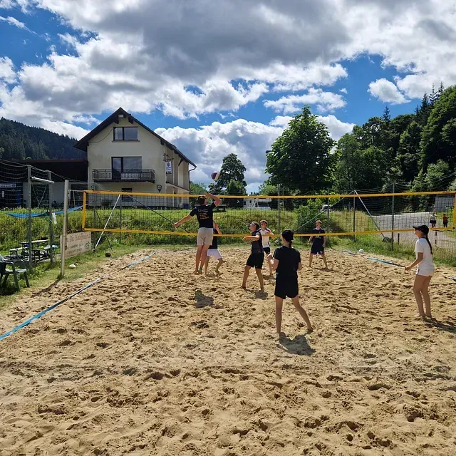 Menschen spielen Beachvolleyball auf einem Sandplatz, im Hintergrund ein Haus und Bäume. Sonniger Tag.