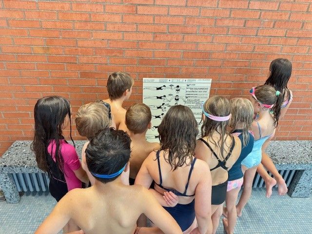 Eine Gruppe Kinder in Badekleidung betrachtet ein Diagramm an einer Backsteinmauer an einem Schwimmbad.