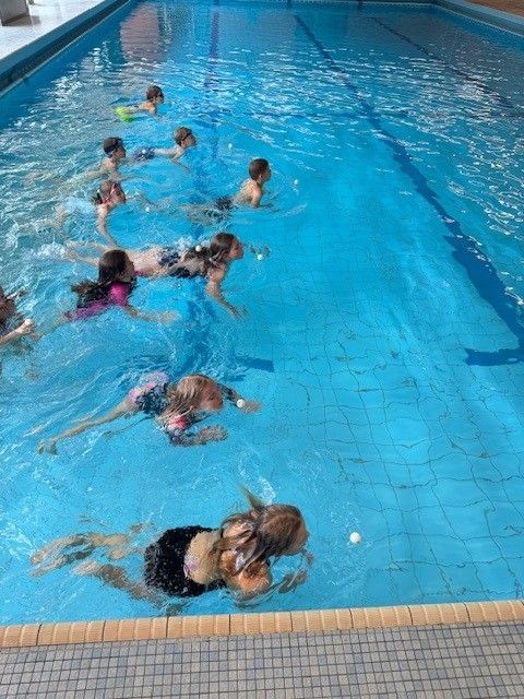 Kinder schwimmen in einem blauen Hallenbad, schwimmen Freistil, die Köpfe größtenteils unter Wasser, sonniger Tag.