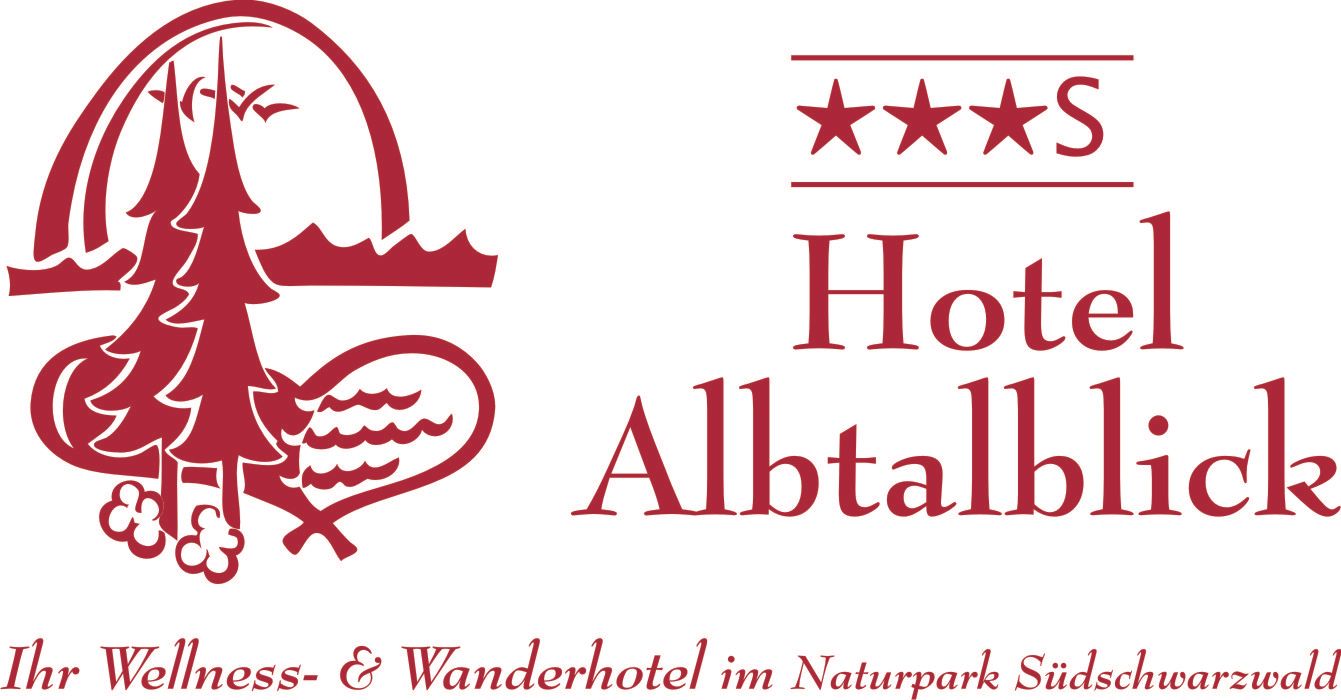 Logo des Hotels Alltaltblick: Rote Bäume, Berge, Herz und der Schriftzug „Hotel Alltaltblick“ mit vier Sternen.