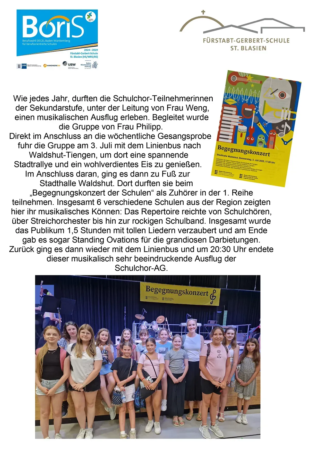 Flyer, der für einen musikalischen Auftritt einer Schulgruppe wirbt und ein Foto der Gruppe sowie eine Werbung für eine blaue Pille zeigt.