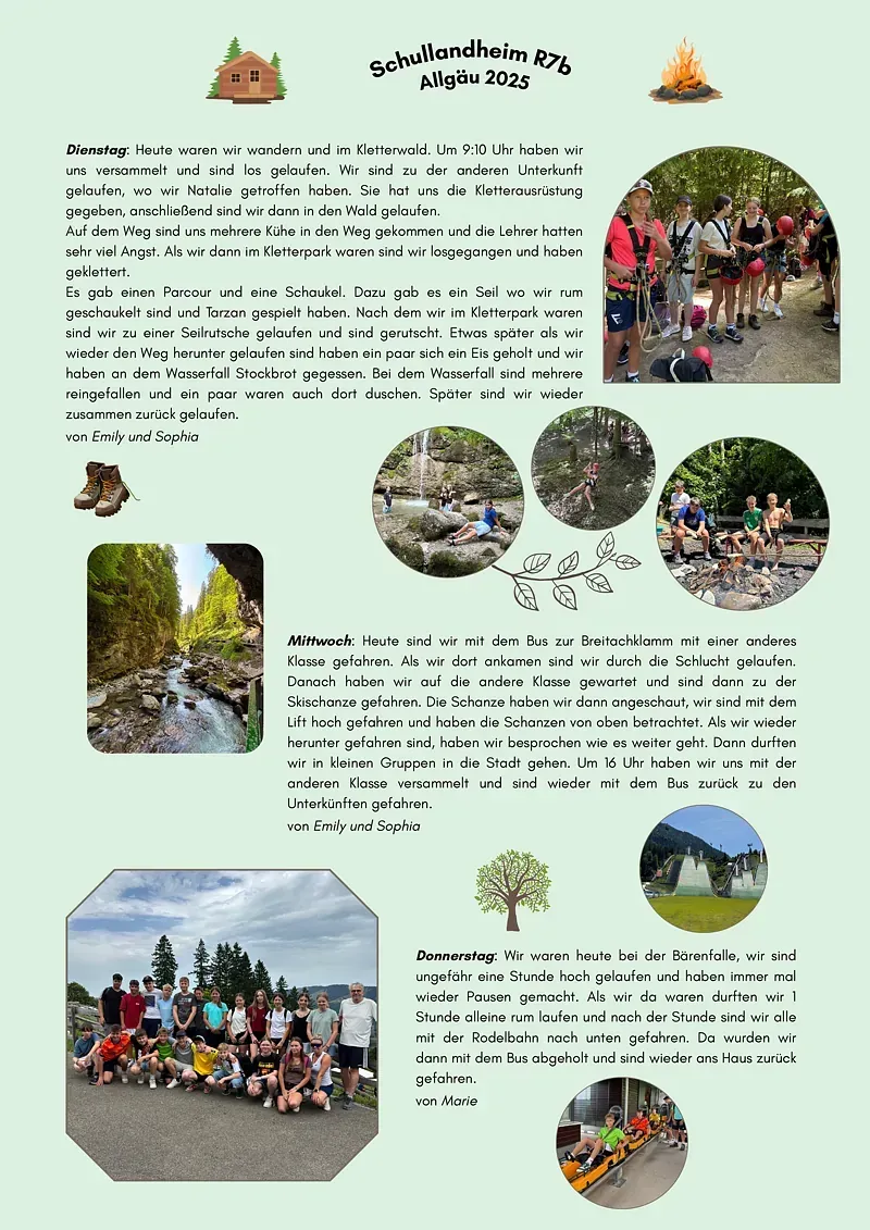 Camp-Newsletter mit Fotos von Campern beim Wandern, am Wasser und am Lagerfeuer. Texte über die Aktivitäten im Camp.