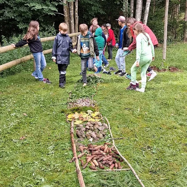 Kinder spazieren auf einem Sinnespfad aus Naturmaterialien in einer grasbewachsenen Freiluftanlage.