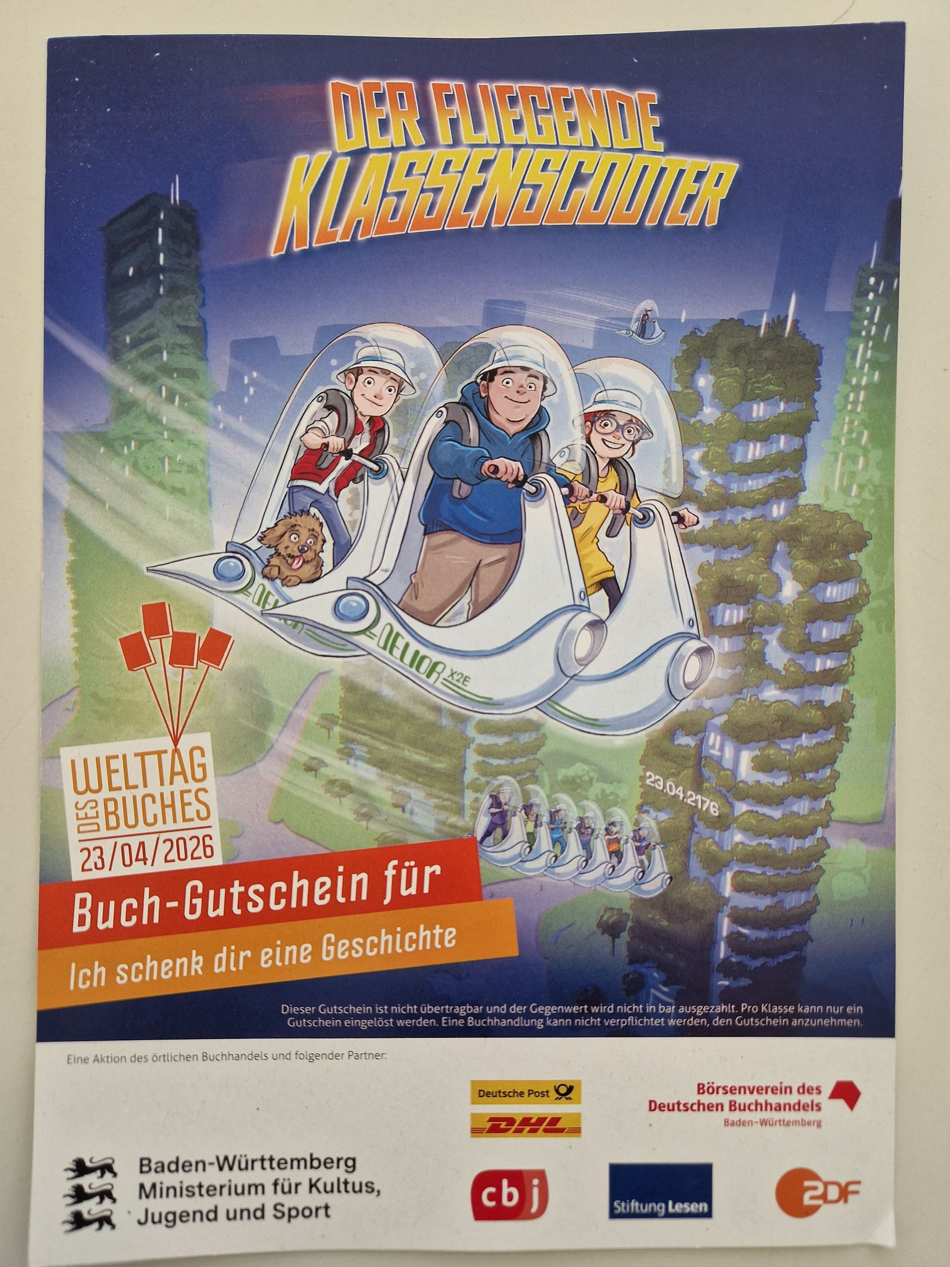 Poster with two cartoon children flying in a large open book on a blue background