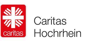 Logo von Caritas Hochrhein: ein rotes Quadrat mit einem weißen Kreuz und Wellenlinien sowie dem Schriftzug „Caritas Hochrhein“.