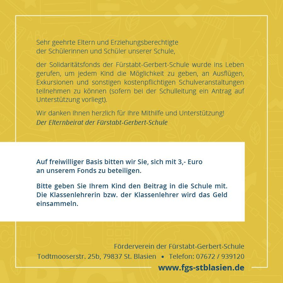 Flyer: Spendenaktion für die Furstab-Gerbert-Schule. Eltern werden gebeten, 3 Euro zu spenden, um ihren Kindern die Teilnahme an Schulaktivitäten zu ermöglichen.