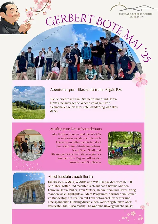 Flyer von Gerbert Bote Mai '25 mit Gruppenfoto, Landschaftsansichten und Textblöcken über die Veranstaltung.