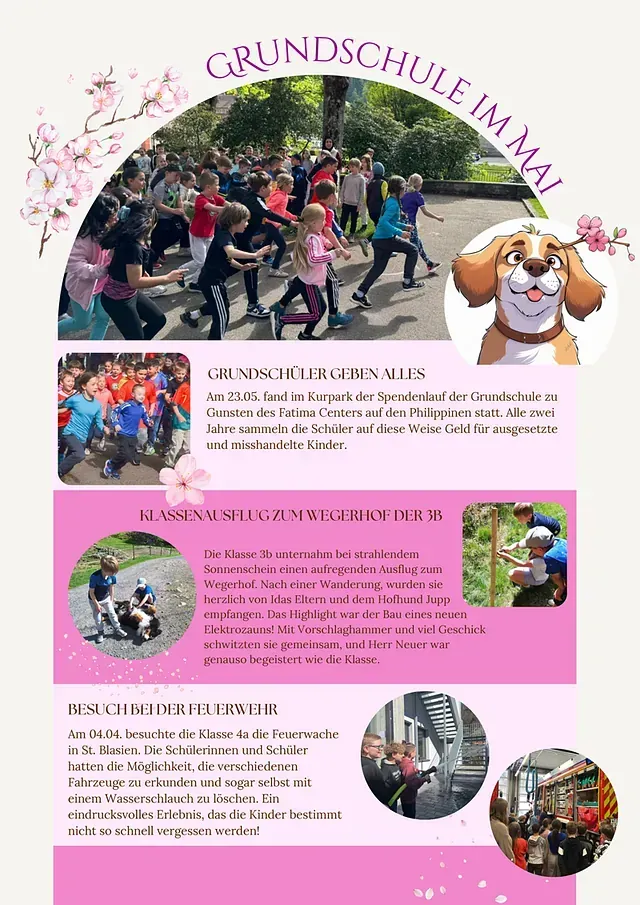 Flyer der Grundschule im Mai: spielende Schüler, Comic-Hund, Text über Aktivitäten, rosa Akzente.