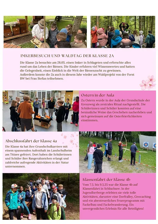 Schulnewsletter mit Fotos von Schülern: Imkerei, Klassenzimmer, Bogenschießen und eine Wanderung.