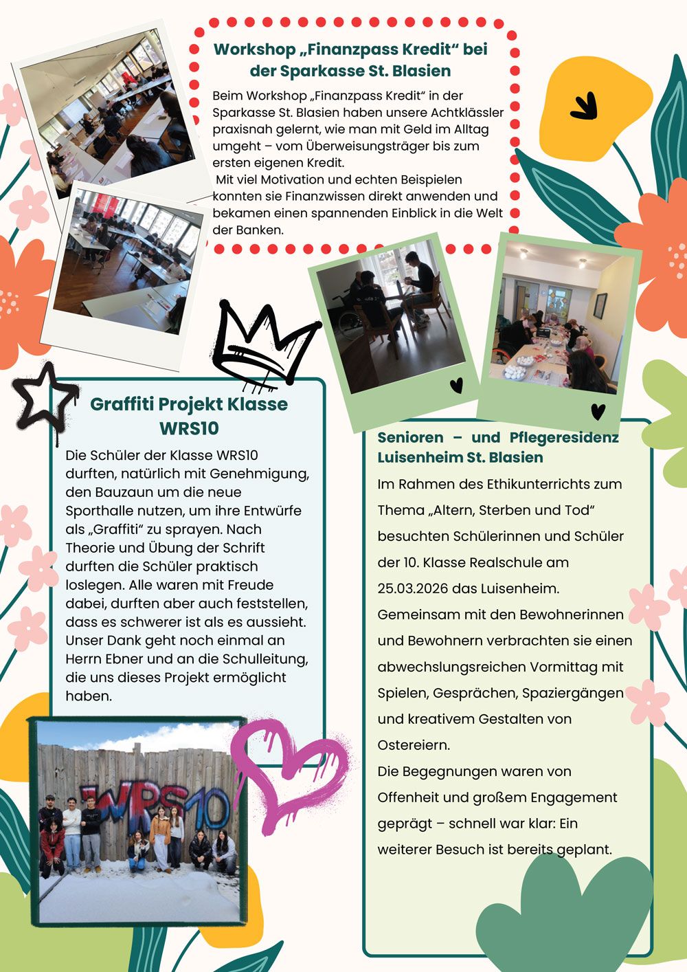 A collage with text boxes and photos documenting workshops, a graffiti project, and a visit to a nursing home.