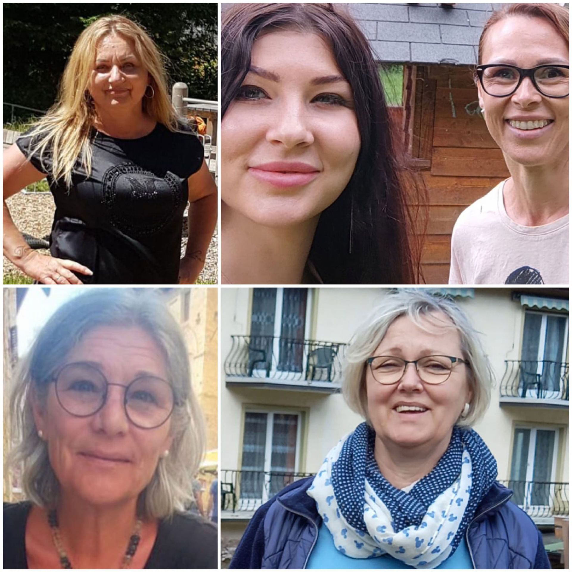 Collage von fünf lächelnden Frauen unterschiedlichen Alters in verschiedenen Umgebungen: im Freien, neutraler Hintergrund, alle mit Brille.