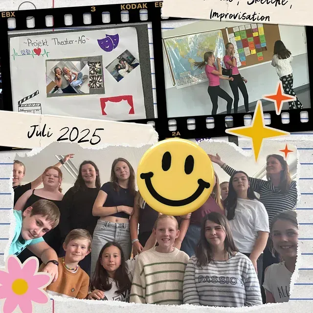 Eine Gruppe von Menschen, ein Smiley und Fotos feiern ein Projekt im Juli 2025.