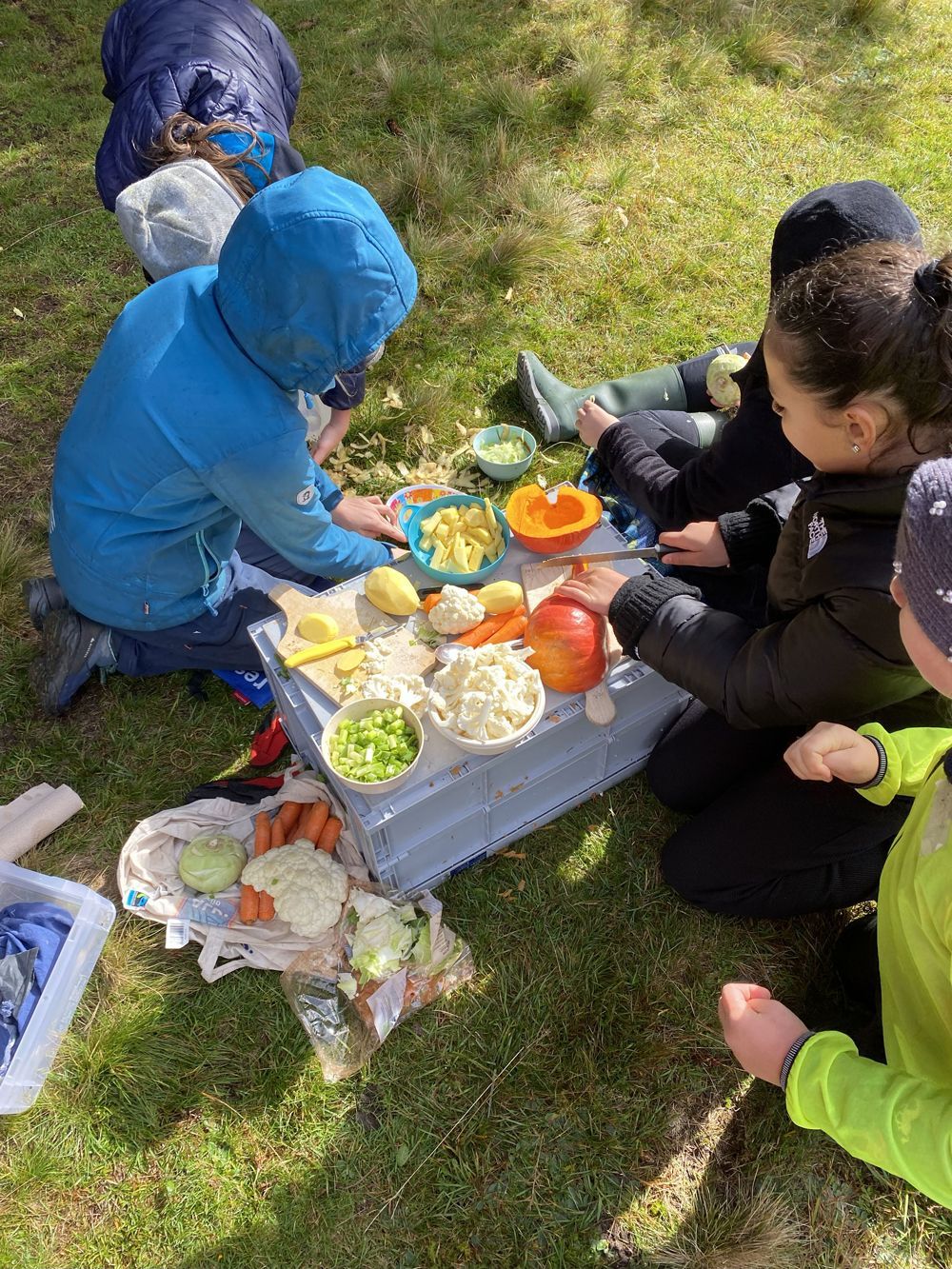 Kinder im Freien untersuchen verschiedene Obst- und Gemüsesorten in Schüsseln auf einer Kiste.