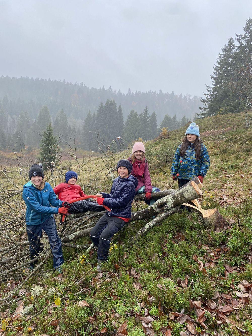 Fünf Kinder in Winterkleidung posieren auf einem Baumstamm in einem verschneiten Wald.