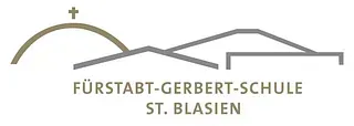 Logo der Fürstabt-Gerbert-Schule St. Blasien: graue und olivgrüne Strichzeichnung von Hügeln, einem Gebäude und einem Kreuz.
