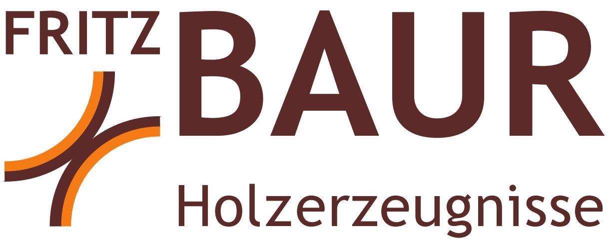 Logo für Fritz Baur, ein Unternehmen, das sich auf Holzzeugnisse spezialisiert hat, mit einem braunen Farbschema und einem stilisierten Holzsymbol.