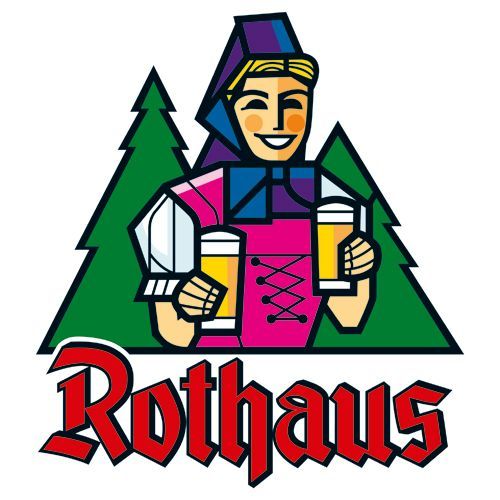 Logo einer Frau, die zwei Biere hält, im Hintergrund grüne Bäume und das Wort „Rothaus“.