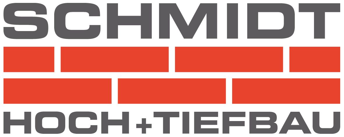 Logo von SCHMIDT HOCH + TIEFBAU, grauer Text über ziegelsteinartigen orangefarbenen Blöcken, schwarzer Text darunter.