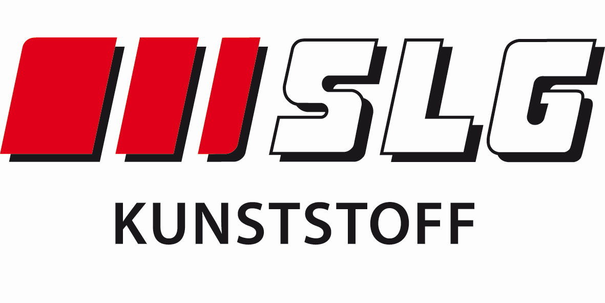 Logo von SLG Kunststoff, weiße Buchstaben auf schwarzem Hintergrund. Rote horizontale Balken links.