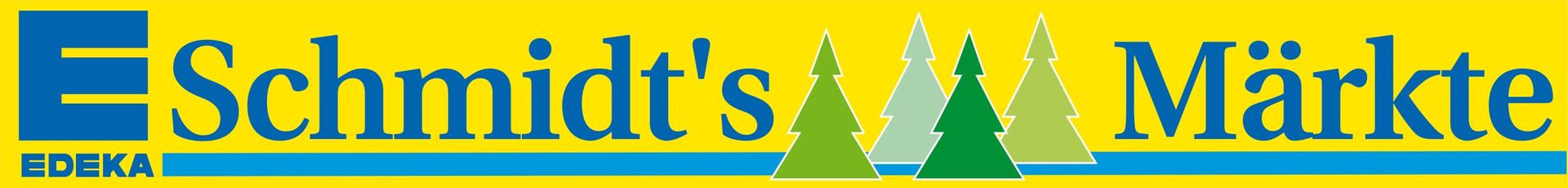 Schmidt's Märkte Logo mit Text, drei Kiefern und blau-gelbem Hintergrund.