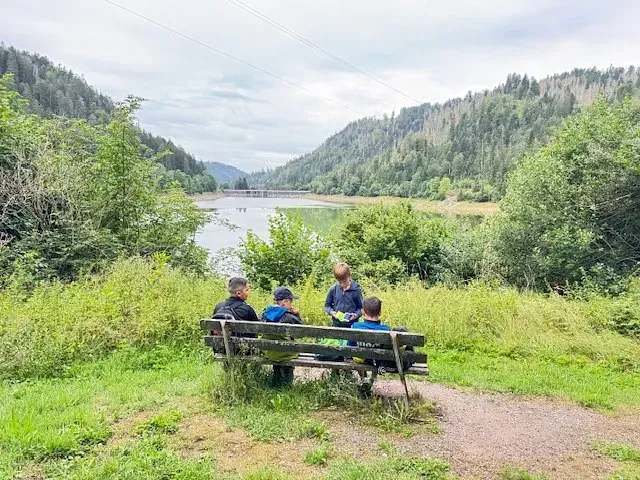 Menschen sitzen auf einer Bank mit Blick auf einen See, umgeben von grünen Bäumen und Hügeln. Bewölkter Himmel.