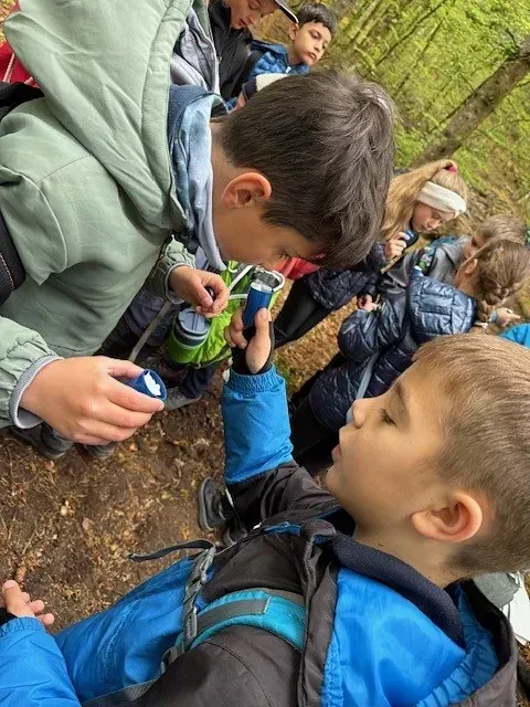 Kinder untersuchen einen Gegenstand im Wald, andere schauen zu. Ein Kind liegt da und blickt nach oben.